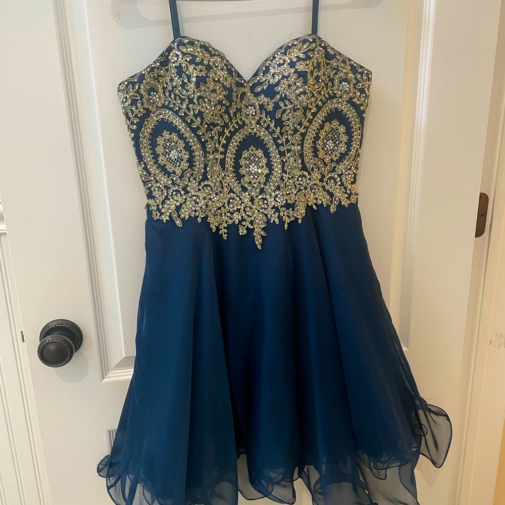 Formal short dress navy blue with gold beading boubou size small